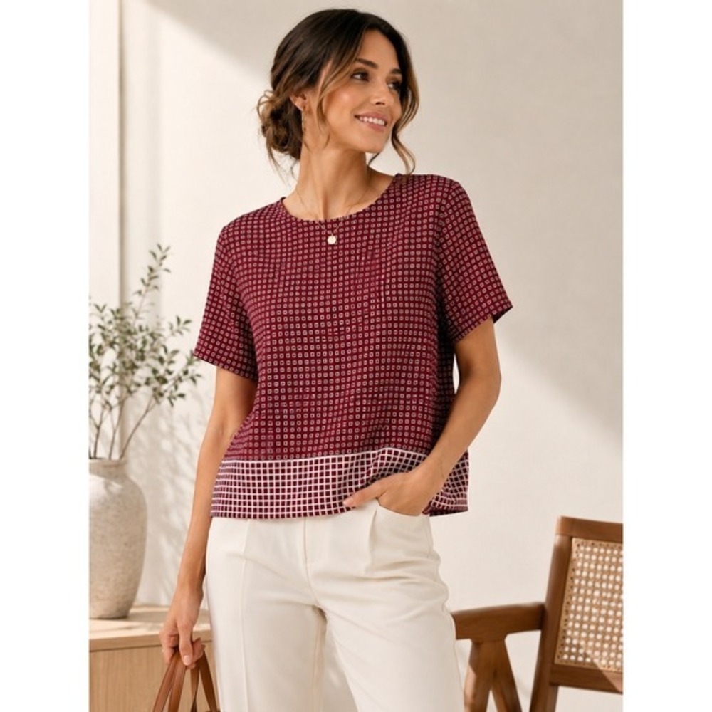Madewell 100% Silk Bow Back Geometric Blouse Burgundy XS - Picture 1 of 6